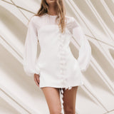 Mixed Media Mini Dress with Puff Sleeves