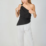 One Shoulder Ruched Top with Gold Trim