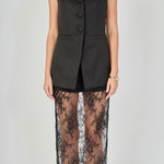 Close-up view of black tailored vest lace maxi dress featuring a V-neckline, button-front closure, and structured sleeveless bodice.