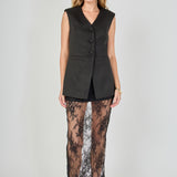 Black tailored vest lace maxi dress featuring a sleeveless V-neckline, button-front closure, flap welt pockets, and a sheer floral lace skirt.