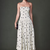 Strapless Polka Dot Drop Waist Midi Dress