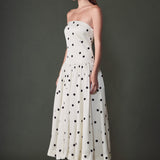 Strapless Polka Dot Drop Waist Midi Dress