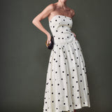 Strapless Polka Dot Drop Waist Midi Dress
