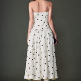 Strapless Polka Dot Drop Waist Midi Dress