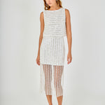 Face-forward posed view of an off-white sleeveless sequin crop top and matching sequin stripe sheer mesh midi skirt, showcasing the full ensemble in a clean front-facing pose.