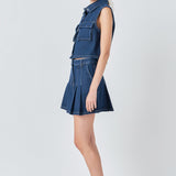 Pleated Denim Mini Skirt