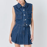 Pleated Denim Mini Skirt