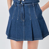 Pleated Denim Mini Skirt