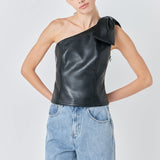 Asymmetric Faux Leather Top with Bow Tie