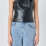 Asymmetric Faux Leather Top with Bow Tie