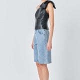 Asymmetric Faux Leather Top with Bow Tie