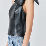 Asymmetric Faux Leather Top with Bow Tie