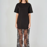 Black mix media maxi dress featuring a short-sleeve boxy t-shirt bodice and a sheer floral lace skirt.