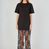 Black mix media maxi dress featuring a short-sleeve boxy t-shirt bodice and a sheer floral lace skirt.