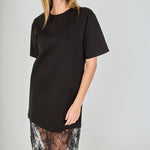 Black mix media maxi dress featuring a short-sleeve boxy t-shirt bodice and a sheer floral lace skirt.