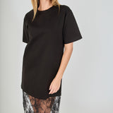 Black mix media maxi dress featuring a short-sleeve boxy t-shirt bodice and a sheer floral lace skirt.