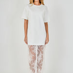 White mix media maxi dress featuring a short-sleeve boxy t-shirt bodice and a sheer floral lace skirt.