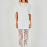 White mix media maxi dress featuring a short-sleeve boxy t-shirt bodice and a sheer floral lace skirt.