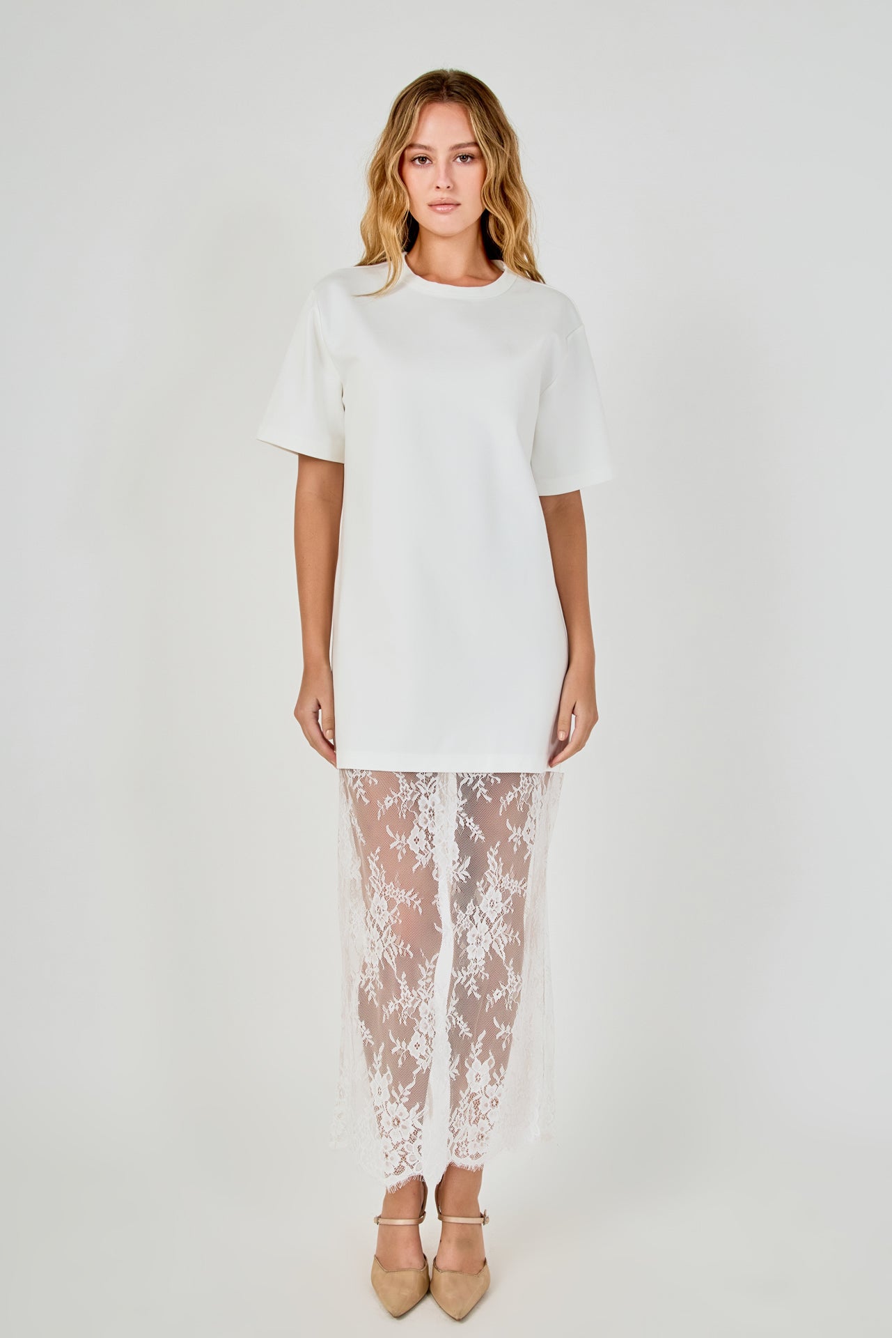 White mix media maxi dress featuring a short-sleeve boxy t-shirt bodice and a sheer floral lace skirt.