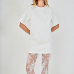 White mix media maxi dress featuring a short-sleeve boxy t-shirt bodice and a sheer floral lace skirt.