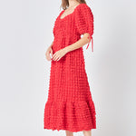 endless rose puff sleeve sweetheart textured midi dress Sand Ruffle Midi Dress - a textured knit bodice meets cascading tiered ruffles, creating a soft, flowing silhouette with effortless movement. Summer in Rose