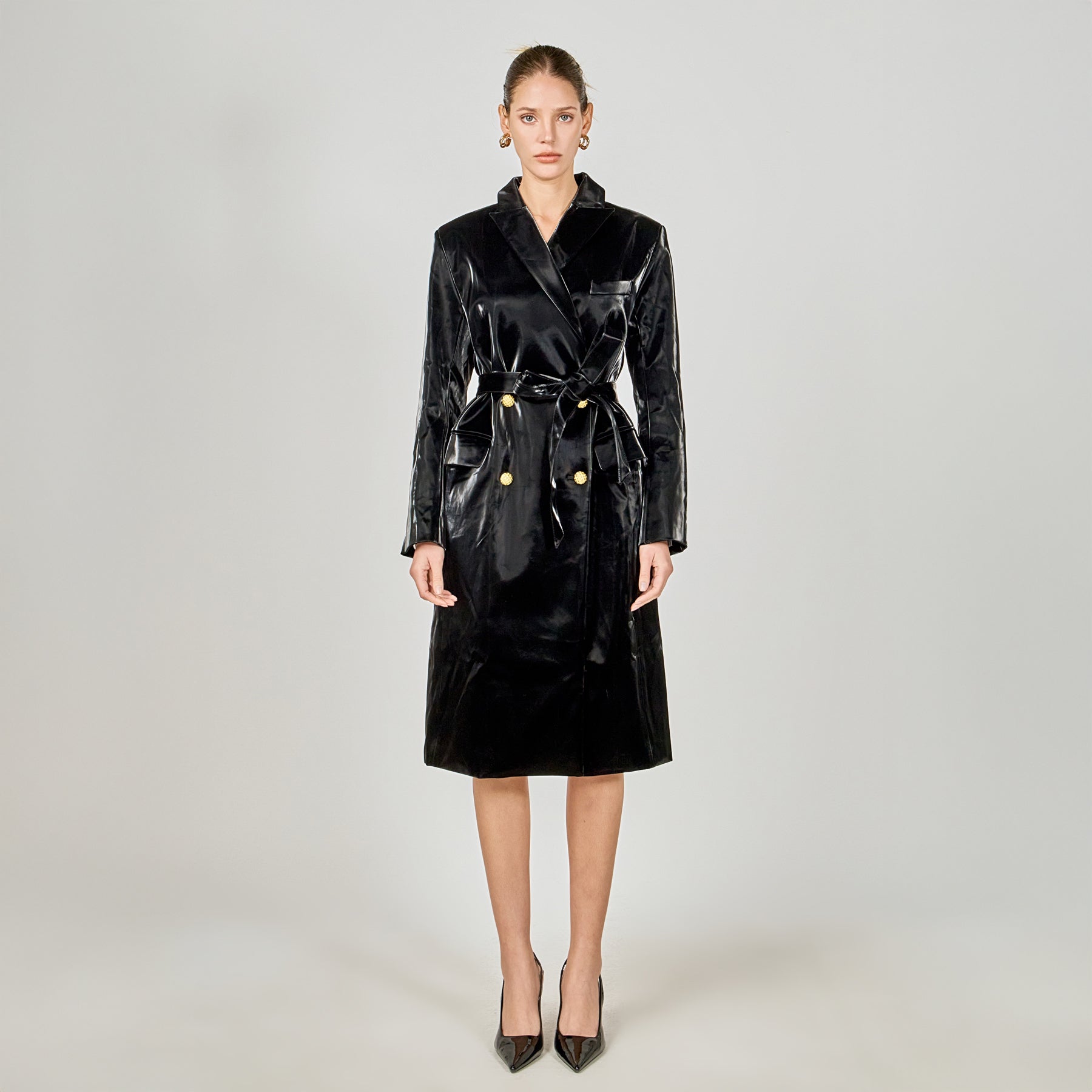 Shiny Faux Leather Trench Coat