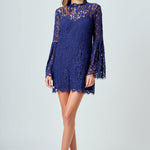 blue lace bell sleeve dress Royal Blue Lace Illusion Bell Sleeves Knee Length Crafted Prom Dress