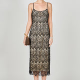 Black beaded lace midi dress featuring thin spaghetti straps, a scoop neckline, nude inner lining, and a scalloped hem with a side slit.