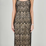 Close-up view of black beaded lace midi dress featuring thin spaghetti straps, a scoop neckline, and a nude inner lining.