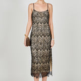 Black beaded lace midi dress featuring thin spaghetti straps, a scoop neckline, nude inner lining, and a scalloped hem with a side slit.