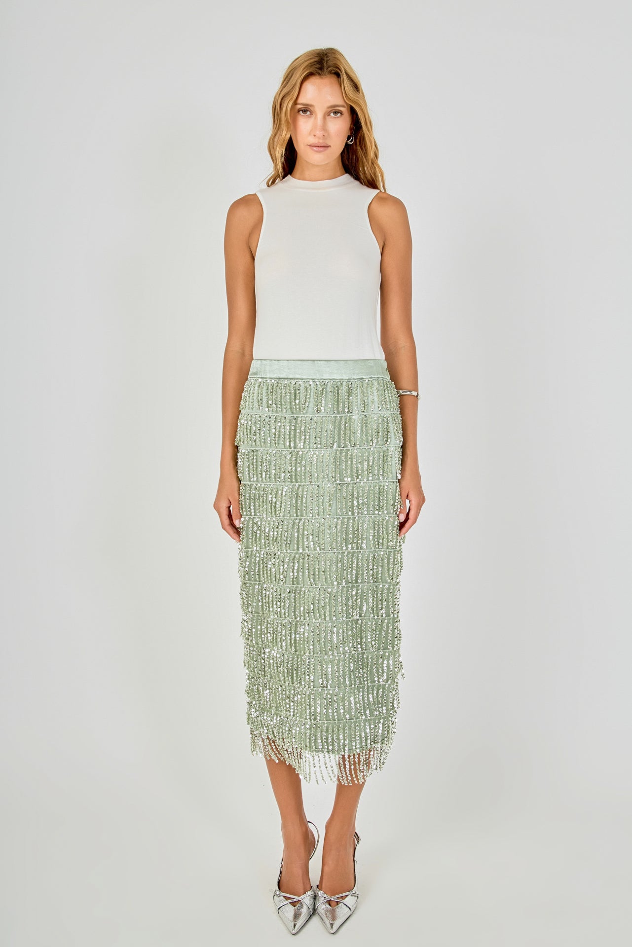 Sequin Fringe Midi Skirt