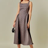 Square Neck Polka Dot Gathered Waist Midi Dress