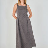 Square Neck Polka Dot Gathered Waist Midi Dress