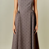 Square Neck Polka Dot Gathered Waist Midi Dress