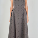 Square Neck Polka Dot Gathered Waist Midi Dress