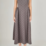 Square Neck Polka Dot Gathered Waist Midi Dress