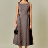 Square Neck Polka Dot Gathered Waist Midi Dress