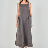 Square Neck Polka Dot Gathered Waist Midi Dress
