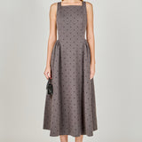 Square Neck Polka Dot Gathered Waist Midi Dress