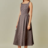 Square Neck Polka Dot Gathered Waist Midi Dress