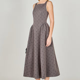 Square Neck Polka Dot Gathered Waist Midi Dress
