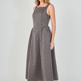 Square Neck Polka Dot Gathered Waist Midi Dress