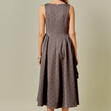 Square Neck Polka Dot Gathered Waist Midi Dress