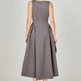 Square Neck Polka Dot Gathered Waist Midi Dress