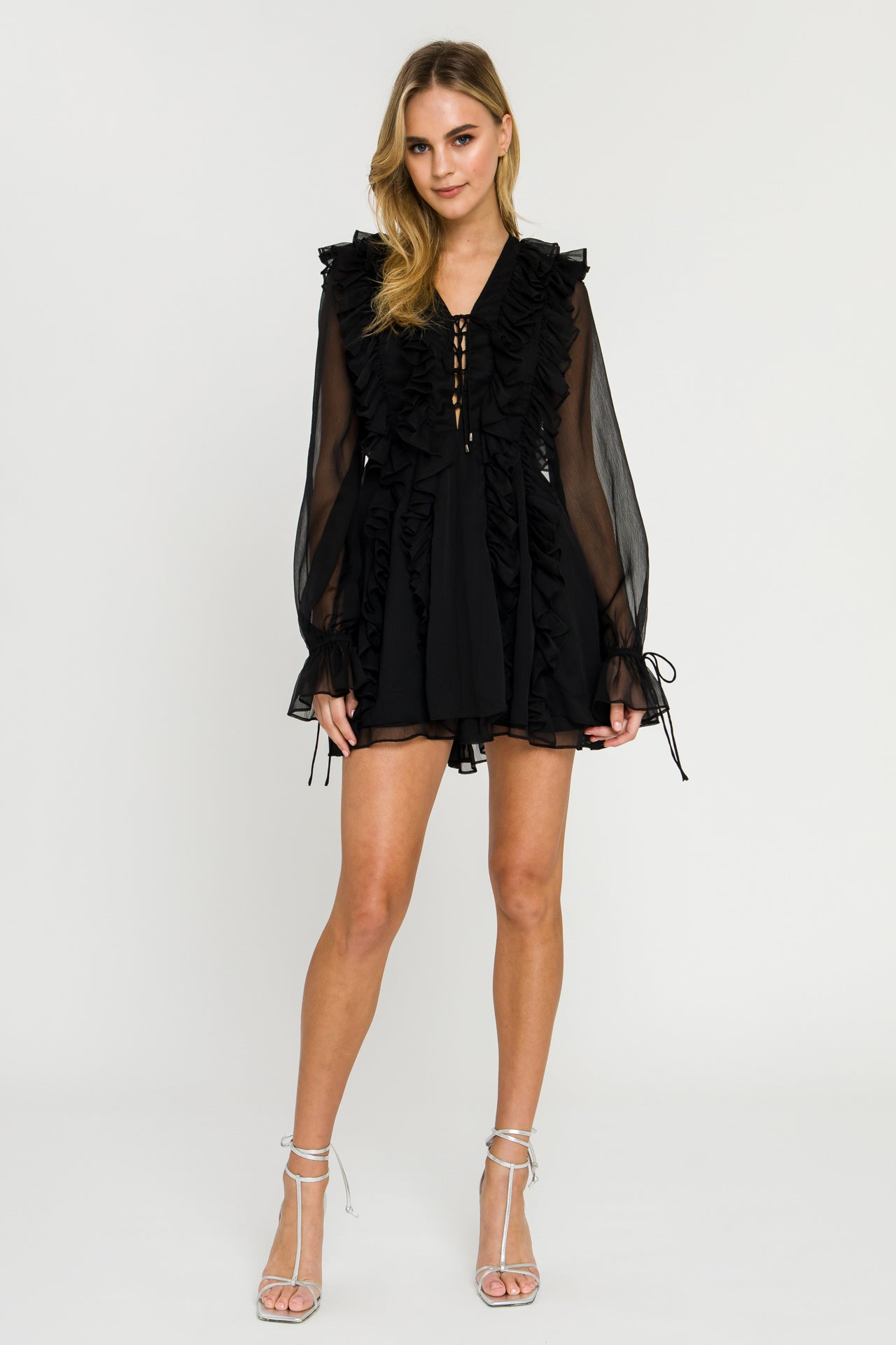 Black Long Sleeve Sheer Lace Mini Dress With Frilly Hem