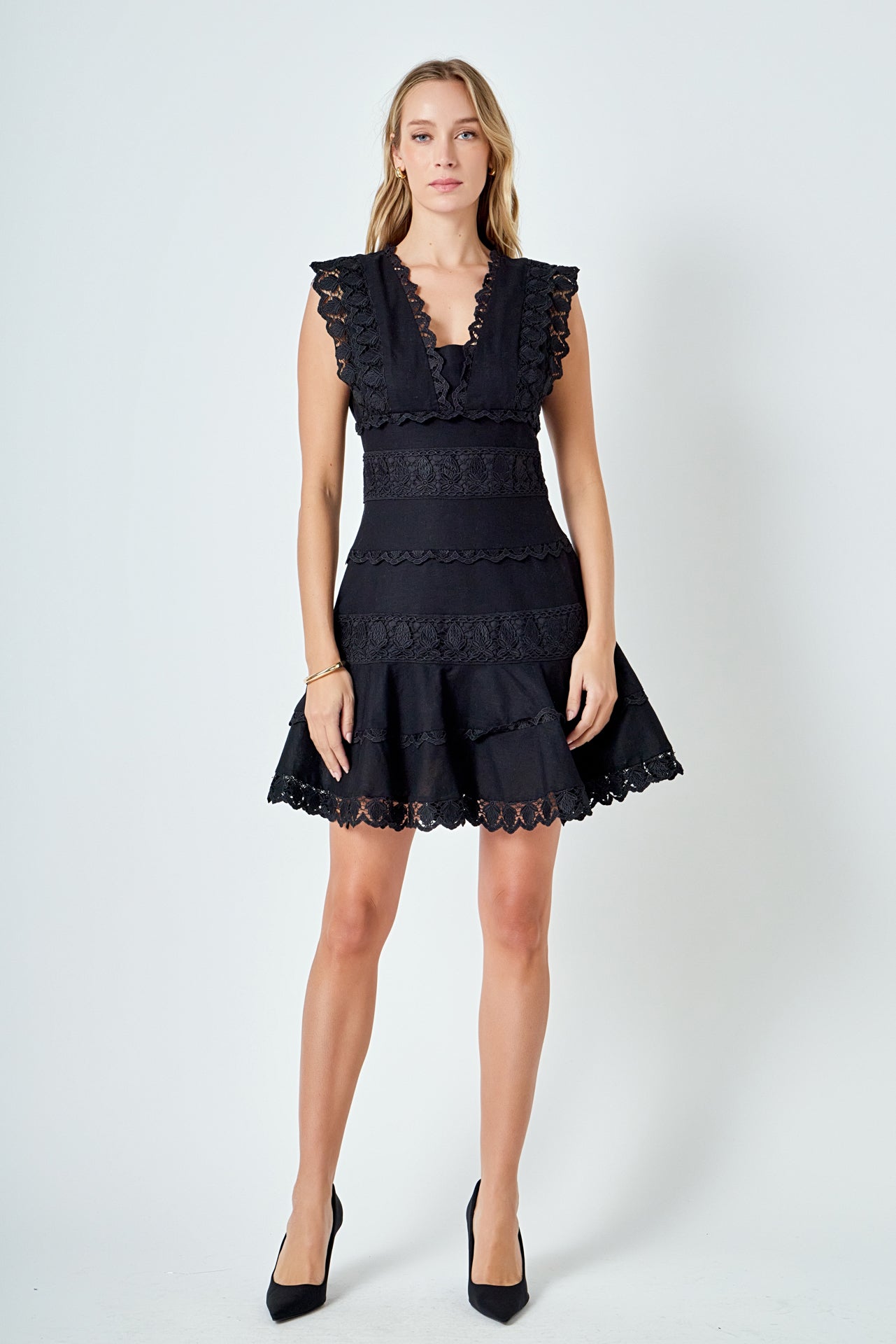 Plunging Neck Lace Trim Dress