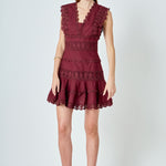 Endless Rose - Plunging Neck Lace Trim Dress Burgundy / M Endless Rose - Plunging Neck Lace Trim Dress Burgundy / M