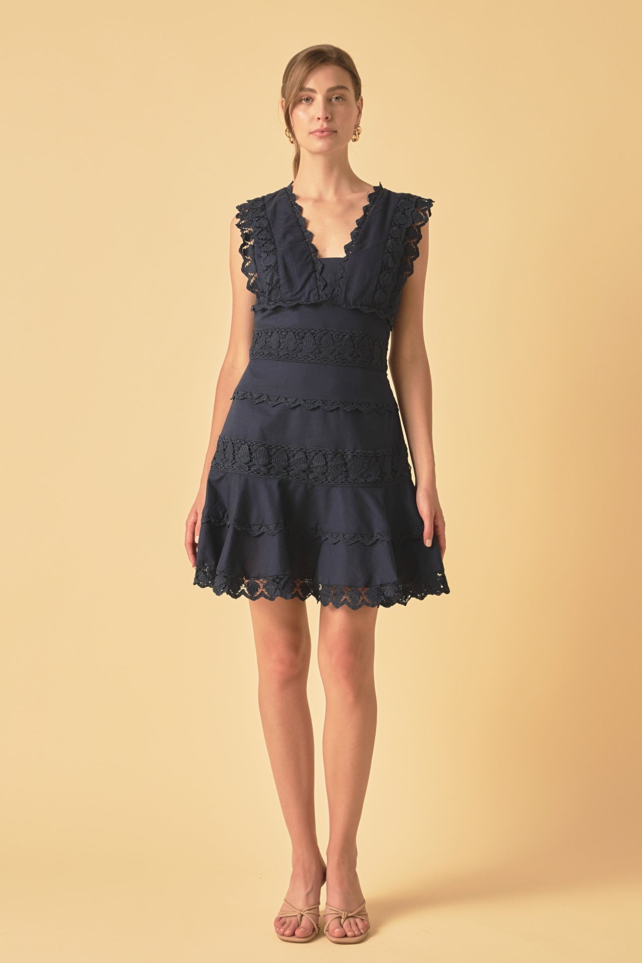 Plunging Neck Lace Trim Dress - Final Sale