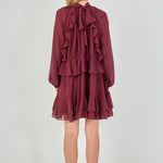Back view of the deep burgundy chiffon mini dress, showing a clean back bodice with the multi-layered tiered cascading ruffles forming the entire lower skirt.