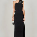 Endless Rose - Flower Detail One Shoulder Knit Maxi Dress Black / M Endless Rose - Flower Detail One Shoulder Knit Maxi Dress Black / M
